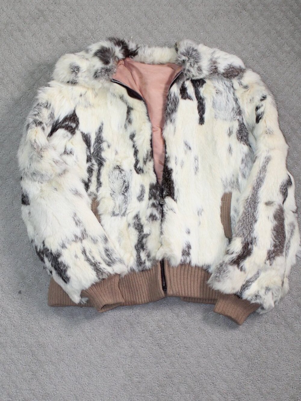 Vintage 80s Women's Small Rabbit Fur Bomber Jacket Mottled Cream Grey Zip Up